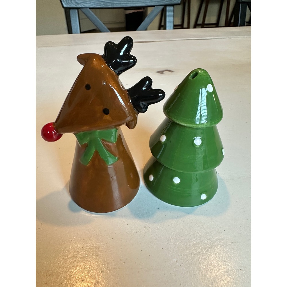 Christmas Reindeer and Snow Dotted Tree Ceramic Salt and Pepper Shaker Set
